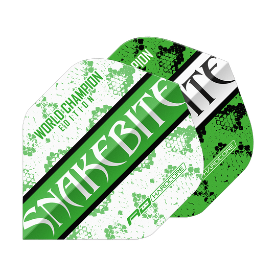 Dragon Rouge Peter Wright Morsure de Serpent Vert Blanc Yin Yang Vols Standard Das Bild zeigt zwei Dart-Flights in grün-weißem Design mit der Aufschrift "SNAKEBITE". Auf einem Flight steht zusätzlich "WORLD CHAMPION EDITION" und beide haben ein Schlangenhaut-Muster.