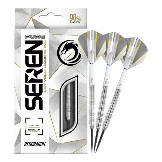 Dragon Rouge Seren 2 Pure Steeldarts Das Bild zeigt das Produkt "Red Dragon Seren 2 Pure Steeldarts" mit einer eleganten Verpackung. Neben der Packung sind drei silberne Steeldarts abgebildet.