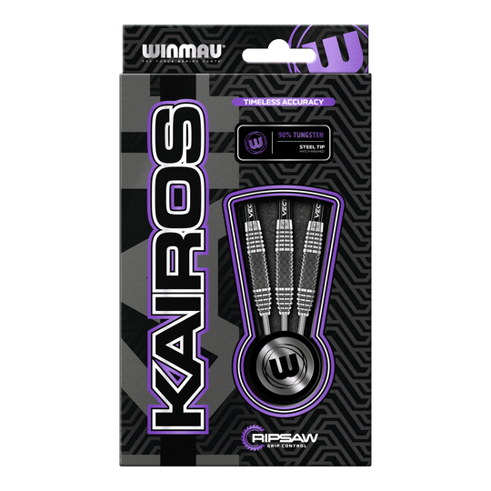 Fléchettes en acier Winmau Kairos 01 Die Abbildung zeigt die Verpackung der "Winmau Kairos 01 Steeldarts". In der Verpackung sind drei hochwertige Steeldarts mit 90% Tungsten-Anteil zu sehen.