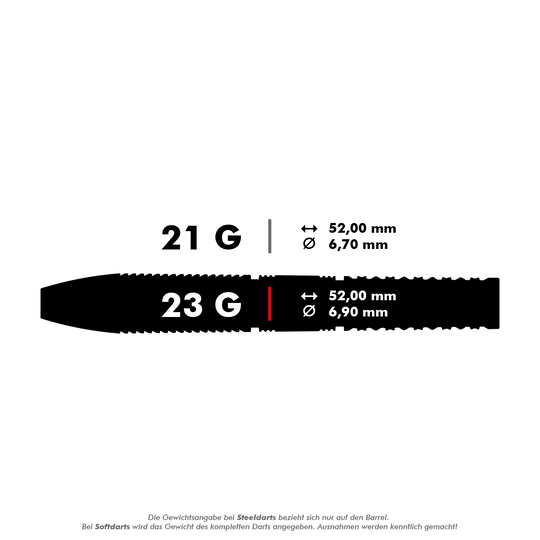 Fléchettes en acier Target Gabriel Clemens GEN2 Swiss Point Das Bild zeigt die Spezifikationen von zwei Steeldarts mit 21 Gramm und 23 Gramm Gewicht. Beide Darts sind 52,00 mm lang, aber der Durchmesser beträgt 6,70 mm bzw. 6,90 mm.