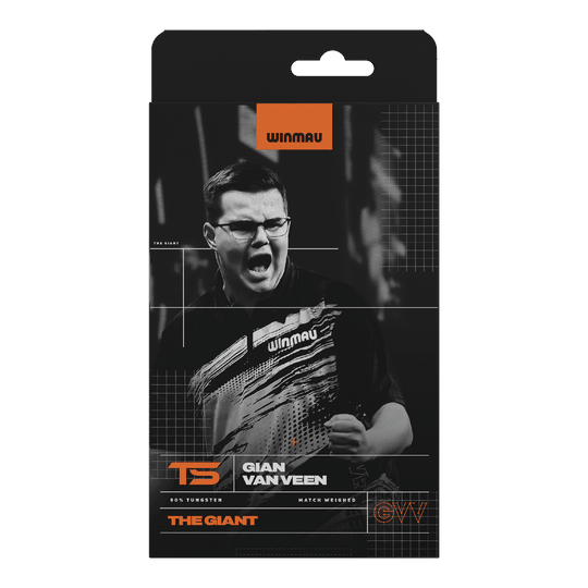 Abgebildet sind Winmau Gian Van Veen TS Softdarts, 18g. Die Darts sind einzeln aufgereiht zu sehen.