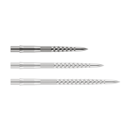 Embouts de fléchettes Mission Caliburn EVO - Ripple - Argent Das Bild zeigt drei silberne Steeldartspitzen, die nebeneinander liegen. Sie haben eine geriffelte Struktur und laufen vorne spitz zu.