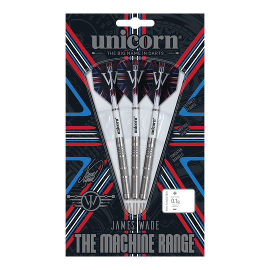 Fléchettes en acier Unicorn James Wade The Machine Range Phase 4 Das Bild zeigt eine Packung Steeldarts der Marke "Unicorn" aus der James Wade The Machine Range Phase 4. Die drei silbernen Darts sind in einer auffällig gestalteten Verpackung mit roten, blauen und weißen Akzenten präsentiert.