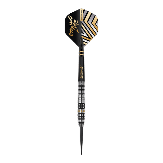Fléchettes en acier Red Dragon Luke Humphries Prestige Dies ist ein 'Red Dragon Luke Humphries Prestige Steeldart'. Der Dart hat ein schwarz-silbernes Design mit goldenen Akzenten und auffälligen Mustern auf dem Flight.