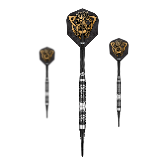 Fléchettes souples Shot Viking Wolf - 20 g Das Bild zeigt das Produkt "Shot Viking Wolf Softdarts - 20g". In der Mitte ist ein detaillierter Softdart mit nordischem Wolf-Design in Gold und Schwarz zu sehen.