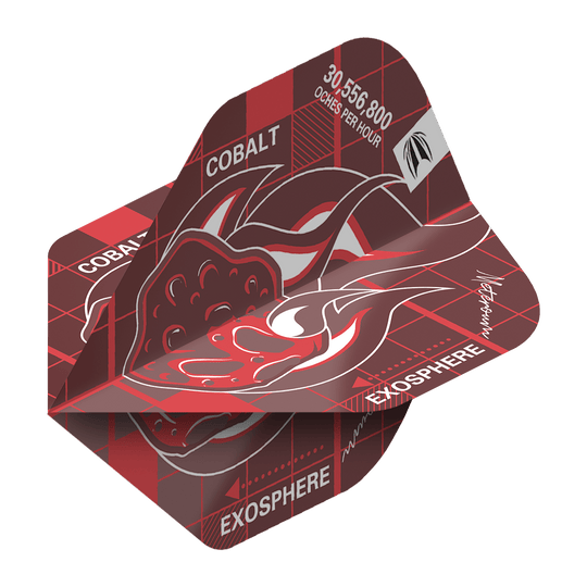 Das Bild zeigt die Target Blueprint Pro Red No2 Standard Flights mit einem roten und schwarzen Grafikdesign. Auf den Flights sind die Wörter "COBALT" und "EXOSPHERE" sowie eine dynamische Illustration abgebildet.