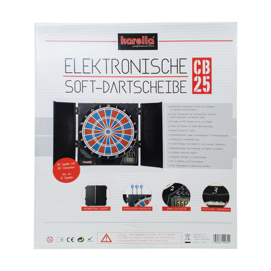 Die Abbildung zeigt die Verpackung der elektronischen Soft-Dartscheibe CB 25 von Karella. Auf der Vorderseite sind Produktmerkmale und Bilder der Dartscheibe mit Zubehör abgebildet.