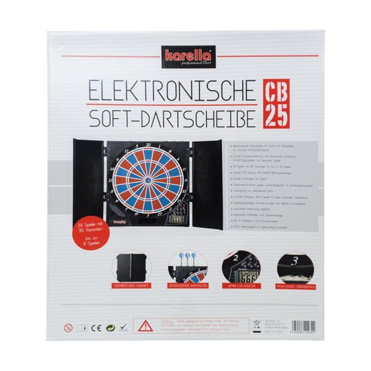 Jeu de fléchettes électronique CB 25 version tournoi Die Abbildung zeigt die Verpackung der elektronischen Soft-Dartscheibe CB 25 von Karella. Auf der Vorderseite sind Produktmerkmale und Bilder der Dartscheibe mit Zubehör abgebildet.
