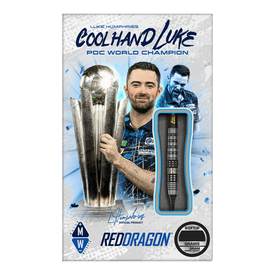Fléchettes souples Red Dragon Luke Humphries Prestige - 20 g Das Bild zeigt die Verpackung der "Red Dragon Luke Humphries Prestige Softdarts - 20g". Auf der Verpackung ist ein Foto von Luke Humphries mit einem Pokal zu sehen, sowie ein einzelner Dartpfeil als Produktabbildung.