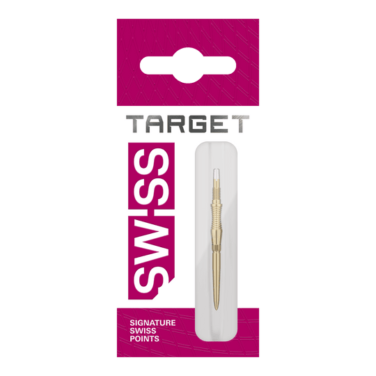 Embouts de fléchettes Target Swiss Point Signature RST - Or Ein weiteres Bild einer Target Swiss Point Dartspitze Signature RST in Gold mit 30mm Länge ist zu sehen. Die feine Struktur und die besondere Beschichtung fallen auf.
