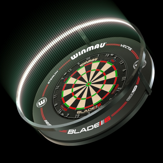 ENSEMBLE Winmau Plasma LED éclairage et surround Das Bild zeigt das Winmau Plasma LED Beleuchtung und Surround Bundle mit einer beleuchteten Dartscheibe. Die LED-Leiste sorgt für optimale Ausleuchtung und ein modernes Design.