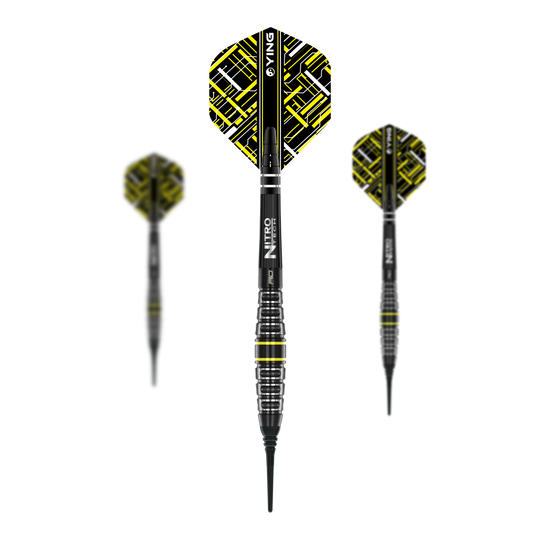 Fléchettes souples Red Dragon Astraeus Q4X Torpedo - 20 g Das Bild zeigt drei Softdarts des Modells "Red Dragon Astraeus Q4X Torpedo - 20g". Die Darts haben schwarze Schäfte mit gelben und weißen Akzenten und ein auffälliges Flight-Design.