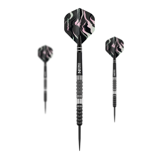 Fléchettes en acier conique Red Dragon Paradym Auf dem Bild sind drei Red Dragon Paradym Tapered Steeldarts zu sehen. Die Darts haben ein schwarzes Design mit silbernen Akzenten und gemusterten Flights.