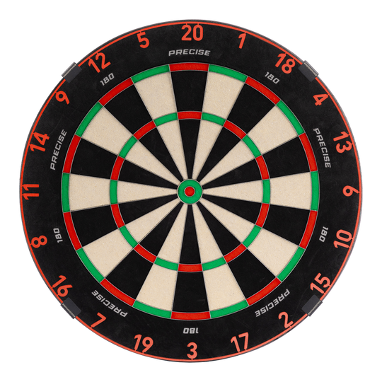 Cible de fléchettes Precise 180 Endorphine en acier avec anneau numéroté - Rouge Inferno Zu sehen ist das Precise 180 Endorphine Steeldartboard mit Nummernring in Inferno Red. Es bietet eine professionelle Spielfläche für Darts.