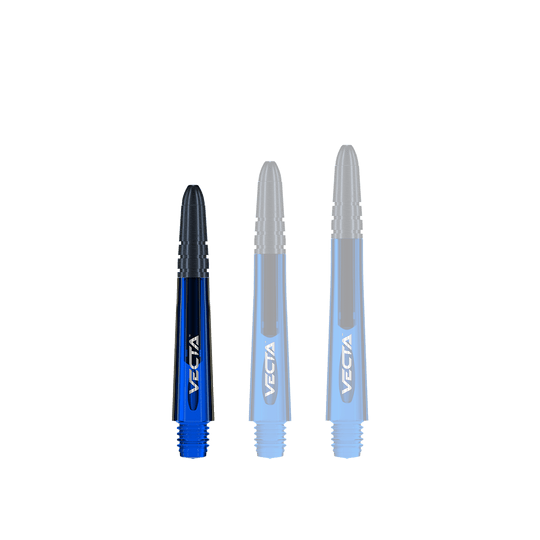 7025-105_Winmau_Vecta_Shafts_Blau_34mm_1lL9ivqrN3Tgwc Das Bild zeigt drei blaue Winmau Vecta Shafts in verschiedenen Längen. Sie haben eine glänzende Oberfläche und sind mit dem Schriftzug "VECTA" versehen.