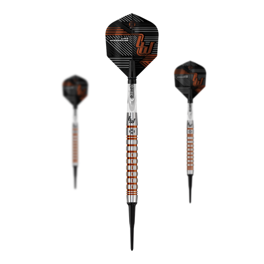 Fléchettes souples Harrow's Luke Woodhouse série 2 - 18 g Das Bild zeigt die Harrows Luke Woodhouse Series 2 Softdarts mit einem Gewicht von 18g. Die Darts haben ein silbernes Barrel mit orangenen Akzenten und schwarzen Flights.