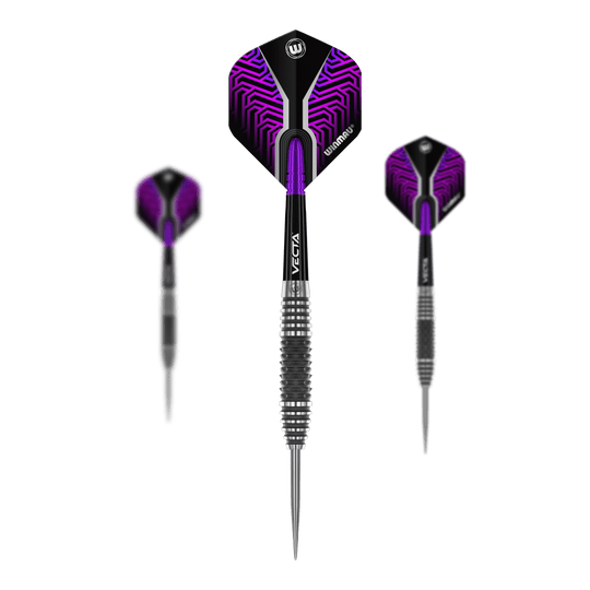 Fléchettes en acier Winmau Kairos 01 Das Bild zeigt drei Winmau Kairos 01 Steeldarts mit einer schwarzen und violetten Optik. Die Flights haben ein auffälliges Muster und die Spitzen bestehen aus Metall.