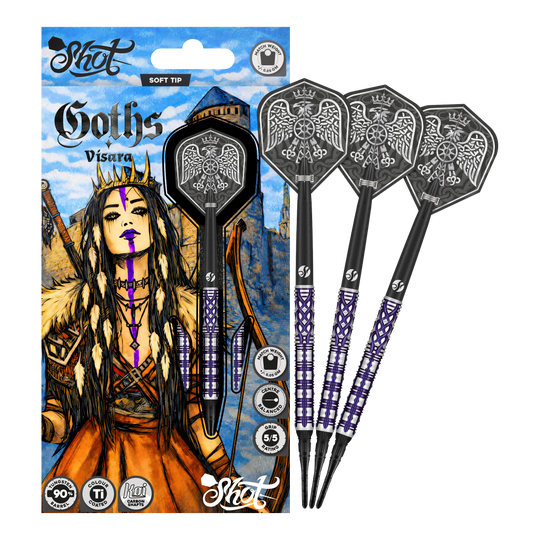 Fléchettes souples Shot Goths Visara - 20 g Das Bild zeigt die Shot Goths Visara Softdarts - 20g. Diese Softdarts sind leicht und hochwertig verarbeitet.