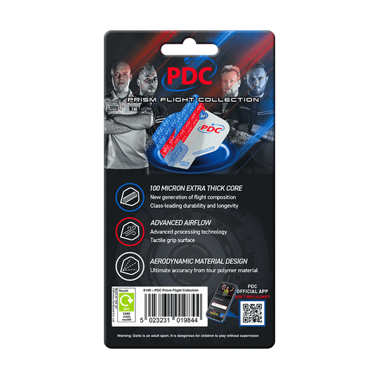 Collection de vols Winmau PDC Prism Das Bild zeigt die Verpackung der "Winmau PDC Prism Flight Collection" für Dartflights. Auf der Verpackung sind Produktmerkmale und Bilder von Dartspielern abgebildet.