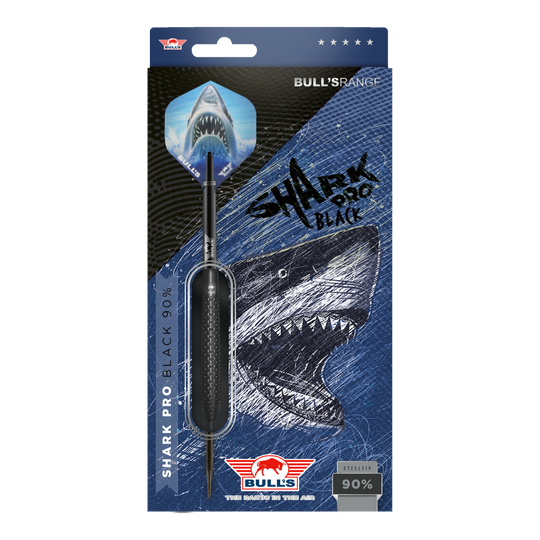 Fléchettes Bulls NL Shark Pro en acier noir Die Abbildung zeigt die Verpackung der "Bulls NL Shark Pro Black Steeldarts". Auf der Verpackung ist ein aggressiv aussehender Hai sowie der Dartpfeil selbst zu sehen.