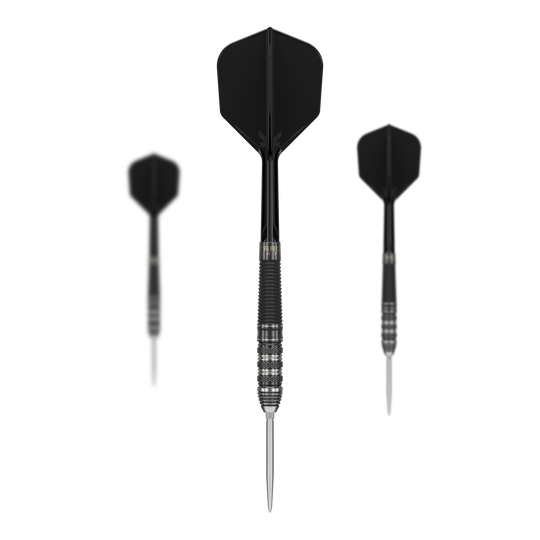 Fléchettes en acier Target Japan Black Marque Armageddon GEN2 Swiss Point Das Bild zeigt drei schwarze Steeldarts des Modells „Target Japan Black Marque Armageddon GEN2 Swiss Point“. Die Darts haben einen geriffelten Metallkörper und schwarze Flights.