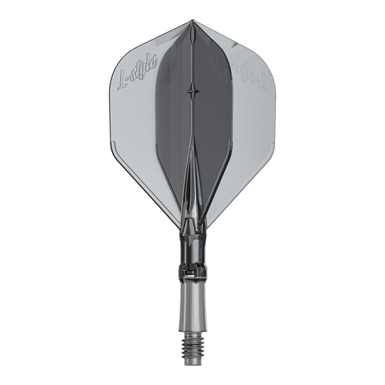 Vols L-L-Style-System - Noir transparent Ein Ersatz-Flights-Set für Dartpfeile ist abgebildet. Das Produkt heißt LS1062 LStyle L-System Flights ClearBlack Small.