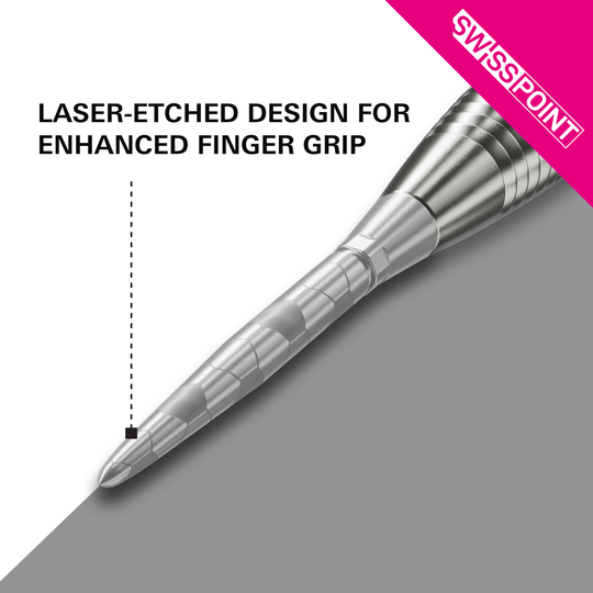 Pointes de fléchettes Target Swiss Storm Onyx Point - Argent Das Bild zeigt die silberne Dartspitze "Target Swiss Storm Onyx Point". Die Spitze verfügt über ein lasergraviertes Design für einen verbesserten Fingergriff.