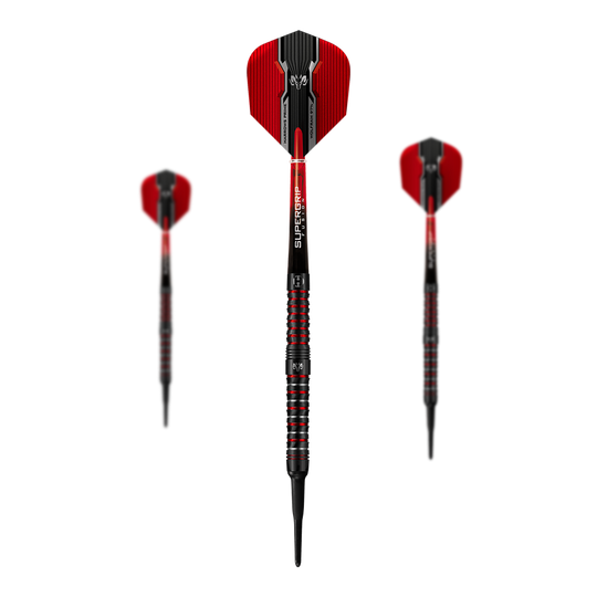 Fléchettes souples Harrows Wolfram Infinity 97 % tungstène Das Bild zeigt drei Harrows Wolfram Infinity 97% Tungsten Softdarts. Die Darts haben ein auffälliges Design in Schwarz und Rot.