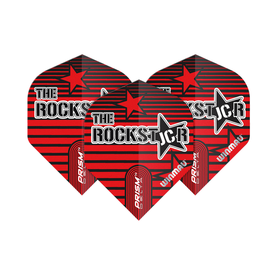 6915-227_Winmau_Prism_Delta_Joe_Cullen_Rockstar_Standard_Flights_1WDsuEMGPr9685 Das Bild zeigt drei Dartflights mit der Aufschrift "The Rockstar" in einem roten und schwarzen Design. Auf den Flights steht außerdem "Prism Delta" und "Winmau".
