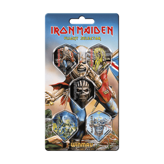 8136_Winmau_Iron_Maiden_Flight_Selector_1 Das Bild zeigt das Produkt "Winmau Iron Maiden Flight Selector" mit fünf verschiedenen Flight-Designs für Darts. Auf der Verpackung sind bunte Illustrationen und das Iron Maiden-Logo abgebildet.