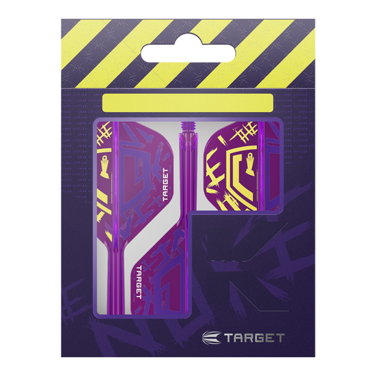 Target K-Flex Luke Littler Champion du monde 2025 Vols standard n°2 Die Abbildung zeigt die "Target K-Flex Luke Littler World Champion 2025 No2 Standard Flights" in einer Verpackung. Die Flights sind lila mit gelben Akzenten und dem Target-Logo gestaltet.