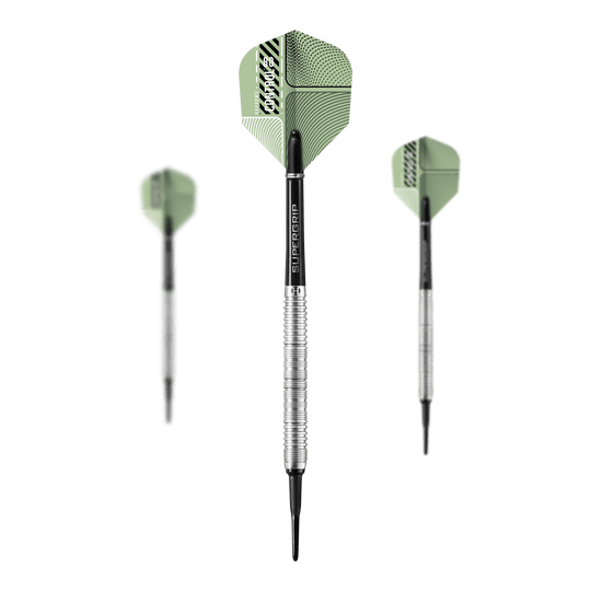 Fléchettes souples parallèles Harrows Control Das Bild zeigt drei Harrows Control Parallel Softdarts mit grünen Flights und silbernen Griffen. Die Dartpfeile sind von vorne und von der Seite zu sehen.