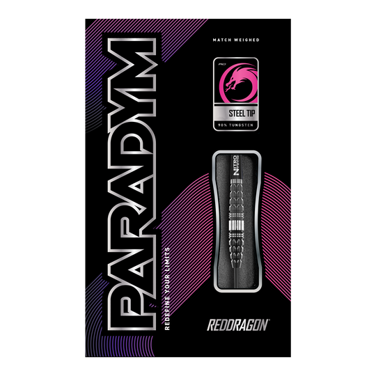 Fléchettes en acier Red Dragon Paradym Torpedo Das Bild zeigt die Verpackung der "Red Dragon Paradym Torpedo Steeldarts". Das Design ist modern mit auffälligen Farben und hebt die Stahlspitze sowie den hohen Wolframanteil hervor.