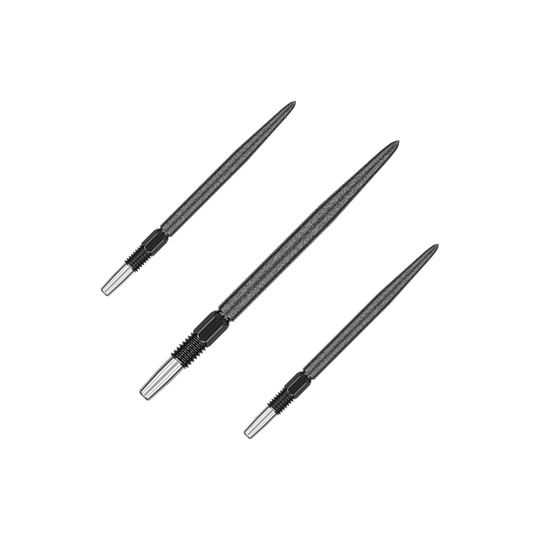 Pointes de fléchettes Target Swiss Point SLK - Noires Das Bild zeigt drei schwarze Dartspitzen, die nebeneinander angeordnet sind. Die Spitzen sind schlank und haben eine gerillte Oberfläche am unteren Ende.