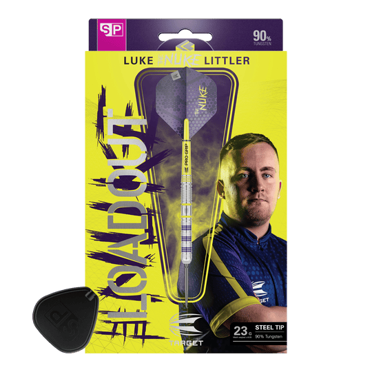 Fléchettes en acier Swiss Point Target Luke Littler Loadout Auf dem Bild ist das Produkt "Target Luke Littler Loadout Swiss Point Steeldarts" zu sehen. Die Verpackung zeigt einen Dartpfeil sowie ein Porträt von Luke Littler vor einem gelben Hintergrund.