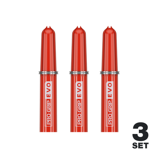 Target Pro Grip EVO Ersatztops (9er Pack) Das Bild zeigt drei rote Target Pro Grip EVO Ersatztops für Dartpfeile. Unten rechts steht "3 Set", was auf drei Sets in der Packung hinweist.