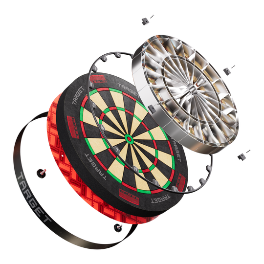 Target de fléchettes en acier Target TOR Das Bild zeigt das Produkt "Target TOR Steeldartboard" in einer explodierten Ansicht. Die einzelnen Bauteile des Dartboards sind deutlich sichtbar und voneinander getrennt dargestellt.