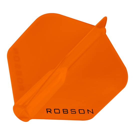 Vols Robson Plus - Standard Das Bild zeigt ein orangefarbenes Dart-Flügel mit der Aufschrift "ROBSON". Er hat eine sechseckige Form und ist transparent.