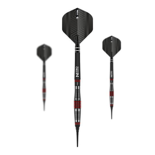 Fléchettes souples Red Dragon Marlin Venom - 22 g Das Bild zeigt drei Softdarts des Modells "Red Dragon Marlin Venom" mit einem Gewicht von 22g. Die Darts sind in Schwarz mit roten und silbernen Akzenten gestaltet.