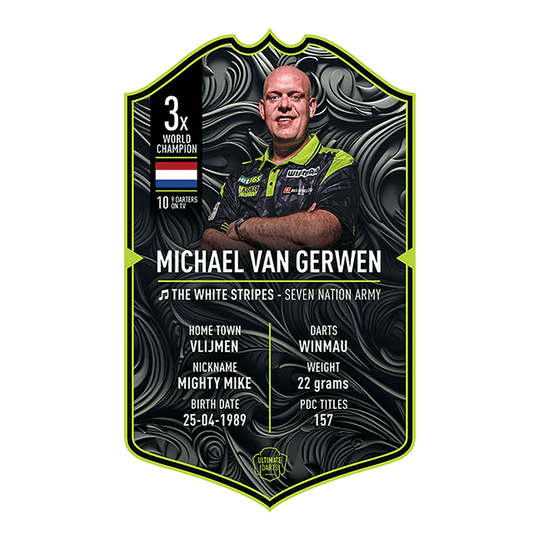 Carte de fléchettes ultime - Michael Van Gerwen 2025 Dies ist eine Sammelkarte von "Ultimate Darts" für Michael Van Gerwen aus dem Jahr 2025. Sie zeigt sein Foto und enthält Informationen wie seinen Spitznamen, Geburtsdatum, Heimatstadt und Statistiken.