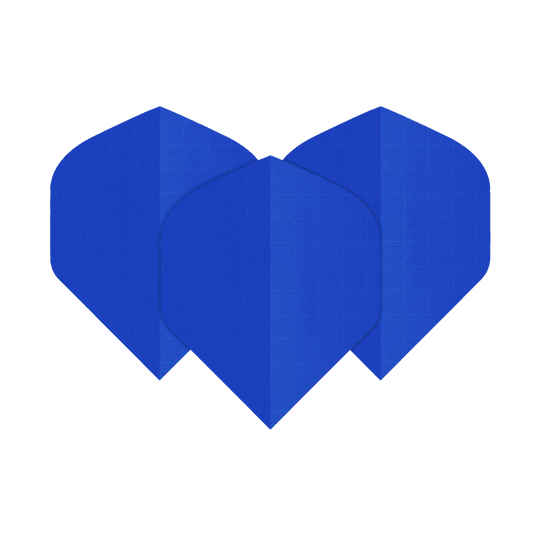 Das Bild zeigt drei blaue Dart-Flights aus Nylon-Stoff. Sie haben eine klassische, leicht abgerundete Form.
