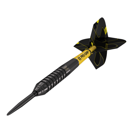 Fléchettes en acier Target Bolide Void 02 Swiss Point Das Bild zeigt einen Target Bolide Void 02 Swiss Point Steeldart. Der Dart ist schwarz mit gelben Akzenten und hat ein modernes, gerilltes Design.