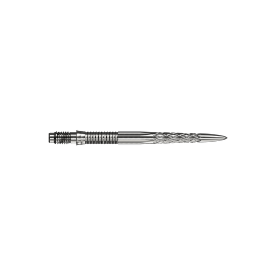 Pointes de fléchettes Mission R2.5 Rapid Point DSX - Argent Abgebildet sind silberne Dartspitzen Mission R25 Rapid Point DSX mit einer Länge von 30mm. Die Spitzen werden aus zwei verschiedenen Blickwinkeln präsentiert.