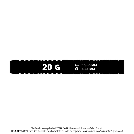 Das Bild zeigt die Maße und das Gewicht des Produkts "Red Dragon Seren 1 Pure Softdarts - 20g". Der Dart wiegt 20 Gramm, ist 50,80 mm lang und hat einen Durchmesser von 6,35 mm.