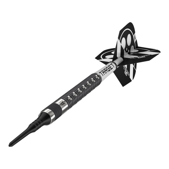 Fléchettes souples Target Chris Dobey Hollywood Action - 20 g Das Bild zeigt einen schwarzen Softdart mit silbernen Akzenten und der Aufschrift "TARGET". Am hinteren Ende befindet sich ein schwarz-weißes Flight-Design.