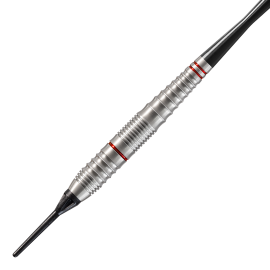 Fléchettes souples Harrows Rage Das Bild zeigt einen silbernen Softdart namens "Harrows Rage Softdarts". Der Dart hat rote Ringe und eine schwarze Kunststoffspitze.