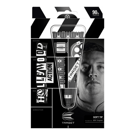 Fléchettes souples Target Chris Dobey Hollywood Action - 20 g Die Abbildung zeigt das Produkt "Target Chris Dobey Hollywood Action Softdarts - 20g" in seiner Verpackung. Auf der Verpackung sind die Darts sowie das Gesicht eines Mannes und der Markenname deutlich zu sehen.