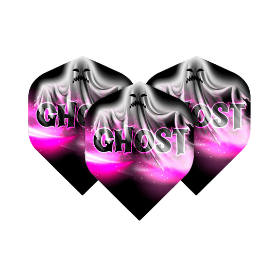 Mission Solo Bailey Marsh No2 Vols Standard Das Bild zeigt drei Dart-Flights mit dem Aufdruck „GHOST“ und einem stilisierten Geist auf einem schwarz-rosa Hintergrund. Es handelt sich um das Produkt "Mission Solo Bailey Marsh No2 Standard Flights".