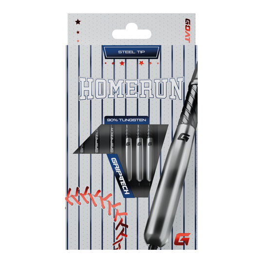 Fléchettes en acier tungstène GOAT Homerun Baseball Das Bild zeigt die Verpackung der "GOAT Homerun Baseball Tungsten Steeldarts" mit Stahlspitze. Auf der Vorderseite sind drei Darts sowie baseballtypische Designelemente abgebildet.