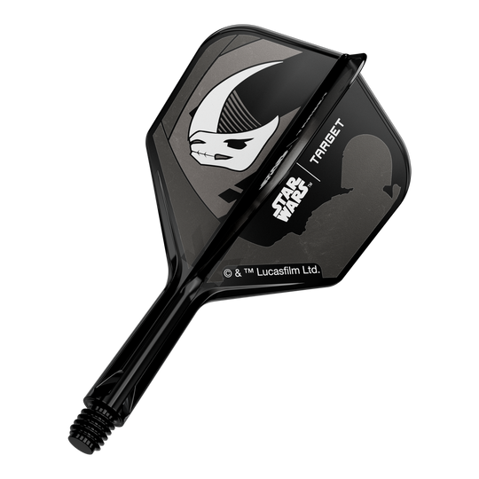 Coffret Target Star Wars K-Flex Mandalorian No6 Flights Abgebildet ist ein Motiv mit Mandalorianer-Rüstung, inspiriert von Star Wars. Das Design ist auf einem No6 Flights 19 mm Dart-Flügel zu sehen.